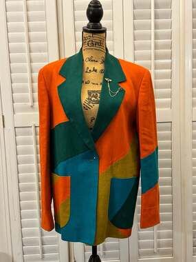 Vintage INTERNATIONAL SCENE Colorblock Pattern Linen Blazer with Brooch